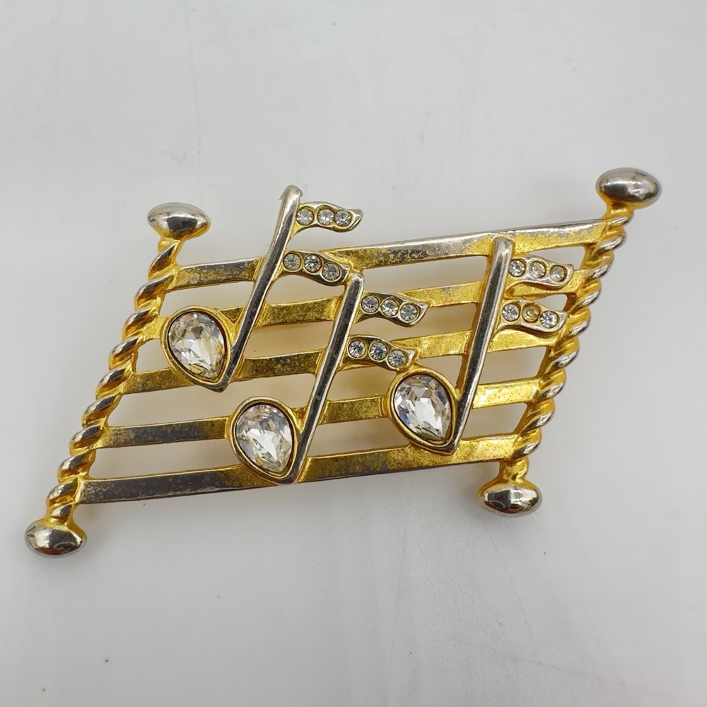Vintage Napier Music Note Brooch Pin Gold Plate Clear Rhinestones